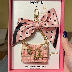 NIB Piper K Pink Polka Dot Twilly Bag with Charm Key Chain Fabric on Bag
